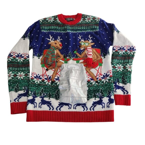 Ugly Christmas Sweater 33 Degrees Holiday Reindeer Beer Bottle Pocket Small EUC - Picture 1 of 9